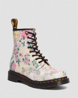 Dr Martin Martens 1460 Floral Mash Up Leather Lace Up Boots (Backhand) Boots Parchment Beige | AZ16-Y9ET