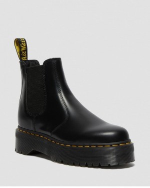 Dr Martin Martens 2976 Smooth Leather Platform Chelsea Boots (Polished Smooth) Platforms Boots Black | IE89-A7OQ