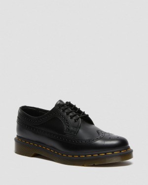 Dr Martin Martens 3989 Yellow Stitch Smooth Leather Brogue Shoes (Smooth Leather) Shoes Black | JJ28-L1YU