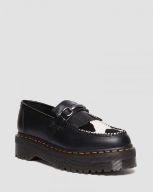 Dr Martin Martens Adrian Snaffle Hair On & Leather Cow Print Kiltie Loafers (Smooth+Hair On) Platforms Shoes BLACK / COW PRINT | GD89-P0GY