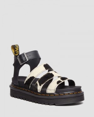 Dr Martin Martens Blaire Hair-On Cow Print Strap Sandals Platforms Sandals BLACK / COW PRINT | CY55-L2OY