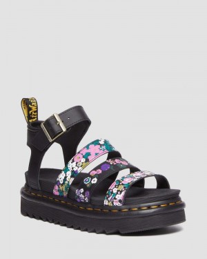 Dr Martin Martens Blaire Vintage Floral Leather Strap Sandals (Hydro Vintage Floral) Shoes BLACK / PINK FLORAL | OX13-E4HS