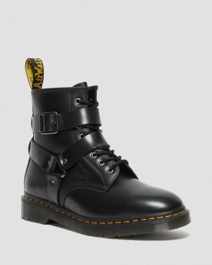 Dr Martin Martens Cristofor Leather Harness Lace Up Boots (Polished Smooth) Boots Black | WU68-Q0DE