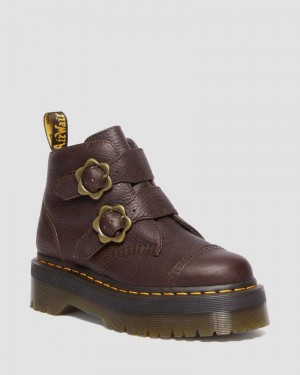 Dr Martin Martens Devon Flower Buckle Grizzly Leather Platform Boots (Grizzly) Platforms Boots Dark Brown | IQ28-E0QB