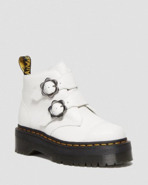 Dr Martin Martens Devon Flower Buckle Leather Platform Boots (Milled Nappa) Platforms Boots White | CR85-M7SN