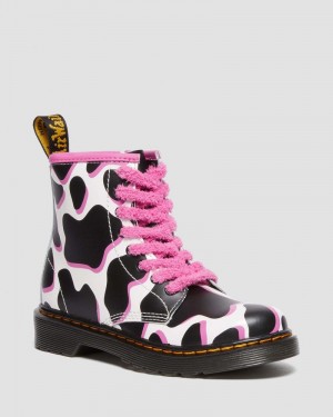 Dr Martin Martens Junior 1460 Cow Print Patent Leather Lace Up Boots (Cow Print Patent Lamper) Boots White | EN32-K8OM