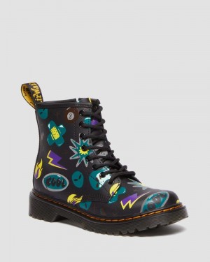 Dr Martin Martens Junior 1460 Sticker Print Leather Lace Up Boots (Sticker Print Hydro) Boots Black | UF34-G6UT