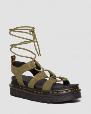 Dr Martin Martens Nartilla Tumbled Nubuck Leather Gladiator Sandals (Tumbled Nubuck) Platforms Sandals Muted Olive | LZ31-C9DW