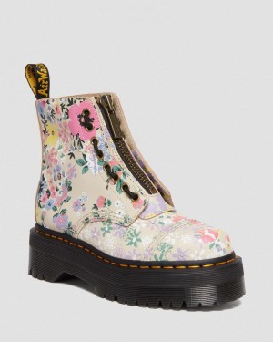 Dr Martin Martens Sinclair Floral Mash Up Leather Platform Boots (Backhand) Platforms Boots Parchment Beige | ZY66-O6WP