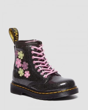 Dr Martin Martens Toddler 1460 Glitter & Flower Applique Lace Up Boots (Coated Glitter Pu+Athena) Boots Black+Multi | OZ01-F9RA