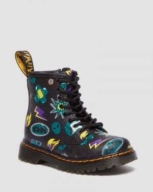 Dr Martin Martens Toddler 1460 Sticker Print Leather Lace Up Boots (Sticker Print Hydro) Boots Black | CK98-C7YV