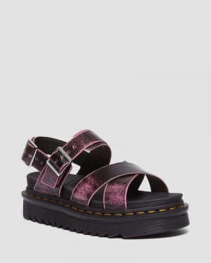 Dr Martin Martens Voss II Distressed Leather Platform Sandals (Two Tone Rub Off) Platforms Sandals Black / Fondant Pink | PL51-Q4BF