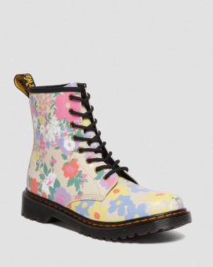 Dr Martin Martens Youth 1460 Floral Mash Up Leather Lace Up Boots (Floral Mash Up K Hydro) Boots Parchment Beige | OE47-E1UP