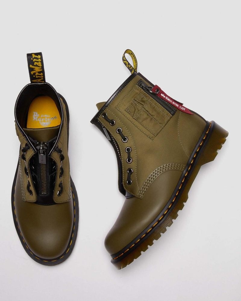 Dr Martin Martens 1460 Ben Alpha Industries Nylon & Leather Lace Up Boots Boots Olive / Black | UG72-M1AI