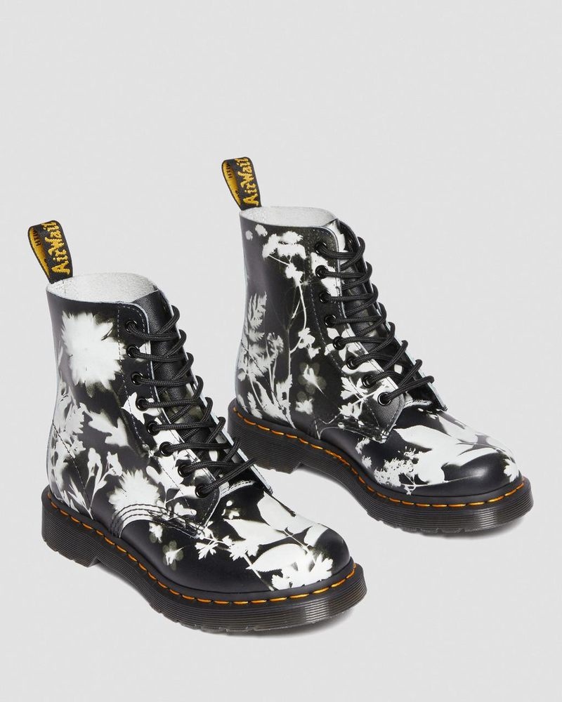 Dr Martin Martens 1460 Pascal Floral Shadow Leather Lace Up Boots (Backhand) Boots Black / White | VH92-G3IB