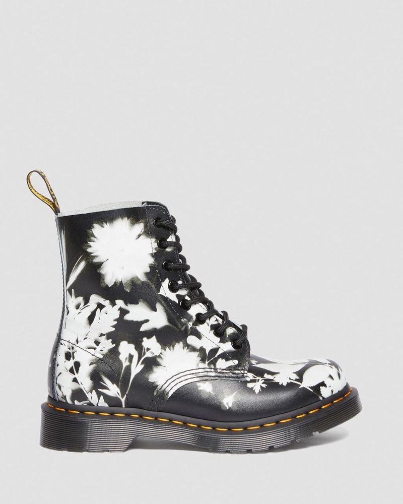 Dr Martin Martens 1460 Pascal Floral Shadow Leather Lace Up Boots (Backhand) Boots Black / White | VH92-G3IB