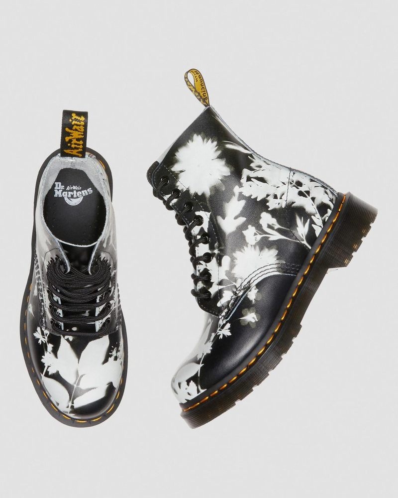 Dr Martin Martens 1460 Pascal Floral Shadow Leather Lace Up Boots (Backhand) Boots Black / White | VH92-G3IB