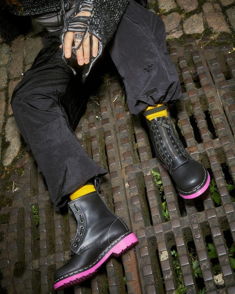 Dr Martin Martens 1460 Pink Sole Wanama Leather Jungle Zip Boots (Wanama) Boots Black | SF27-R5UT