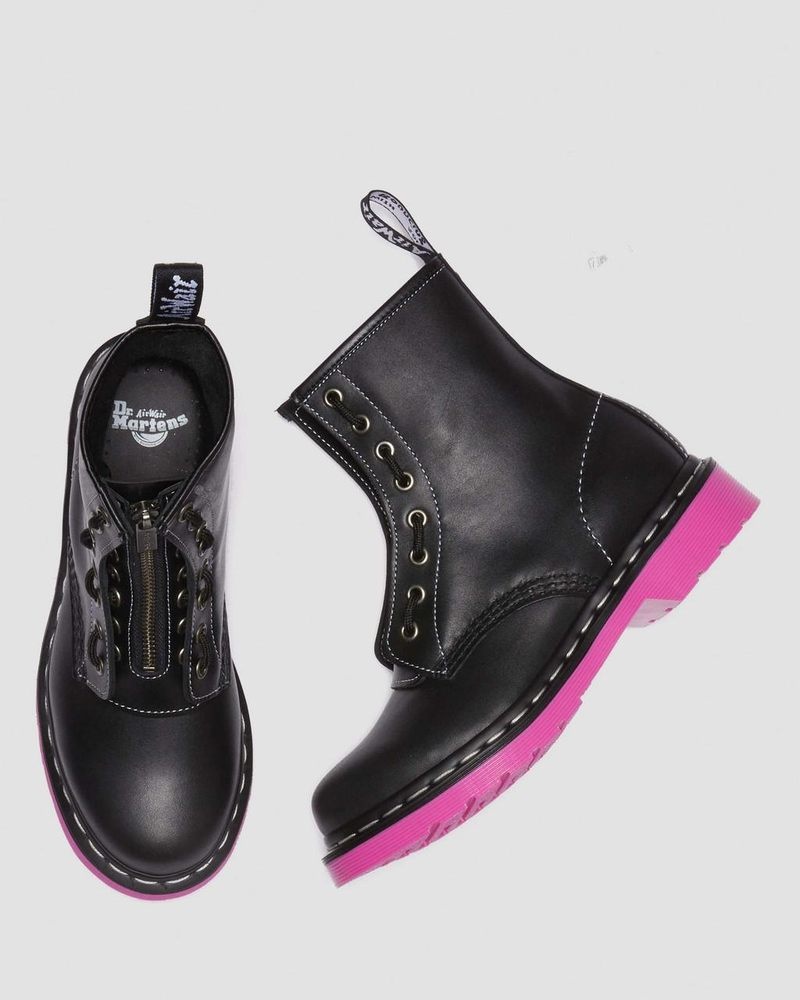 Dr Martin Martens 1460 Pink Sole Wanama Leather Jungle Zip Boots (Wanama) Boots Black | SF27-R5UT