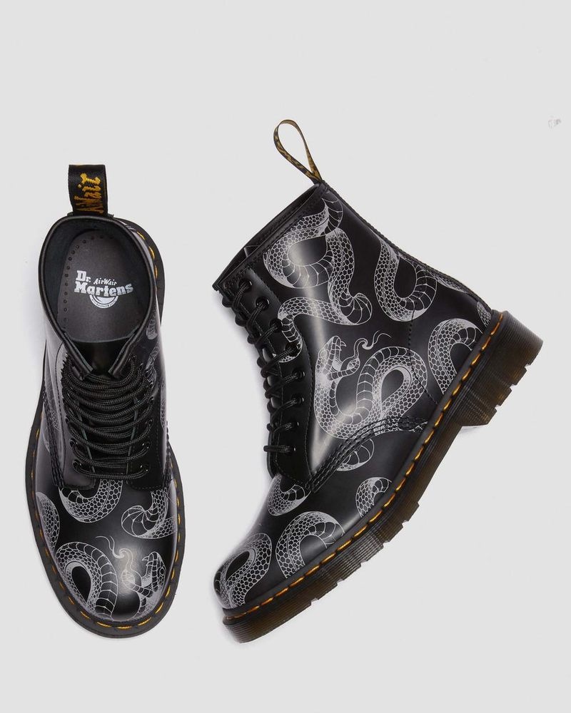 Dr Martin Martens 1460 Serpent Print Leather Lace Up Boots (Wild Serpent Smooth) Boots Black | SM72-Q8MC