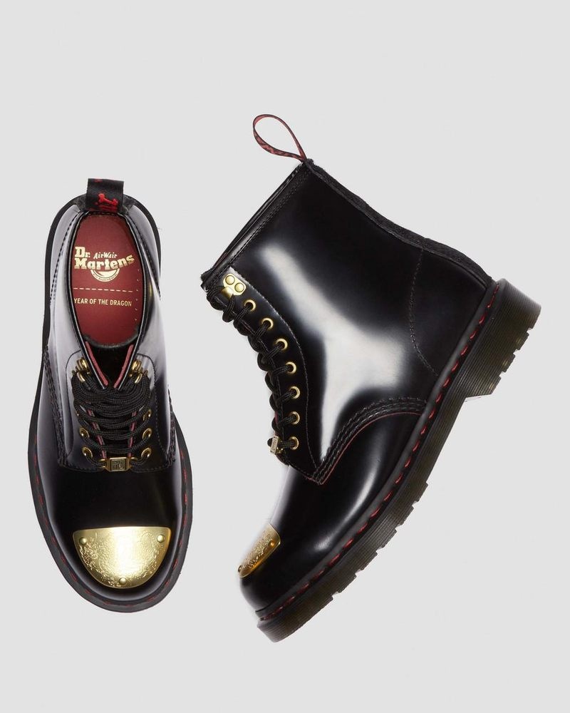 Dr Martin Martens 1460 Year of the Dragon Leather Lace Up Boots (Smooth Slice+Hair On) Boots Black / Red / Black | JI49-R2FV