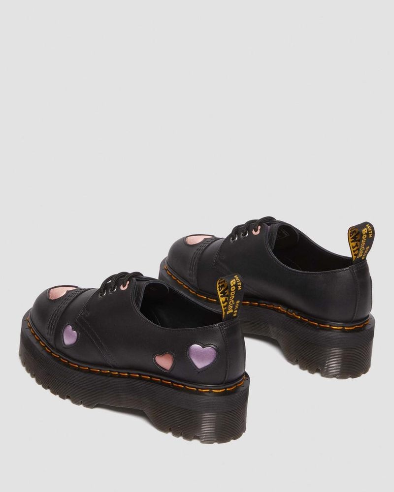 Dr Martin Martens 1461 Leather Heart Platform Shoes (Lapstone+Satin Lux) Platforms Black | EX47-I6ER