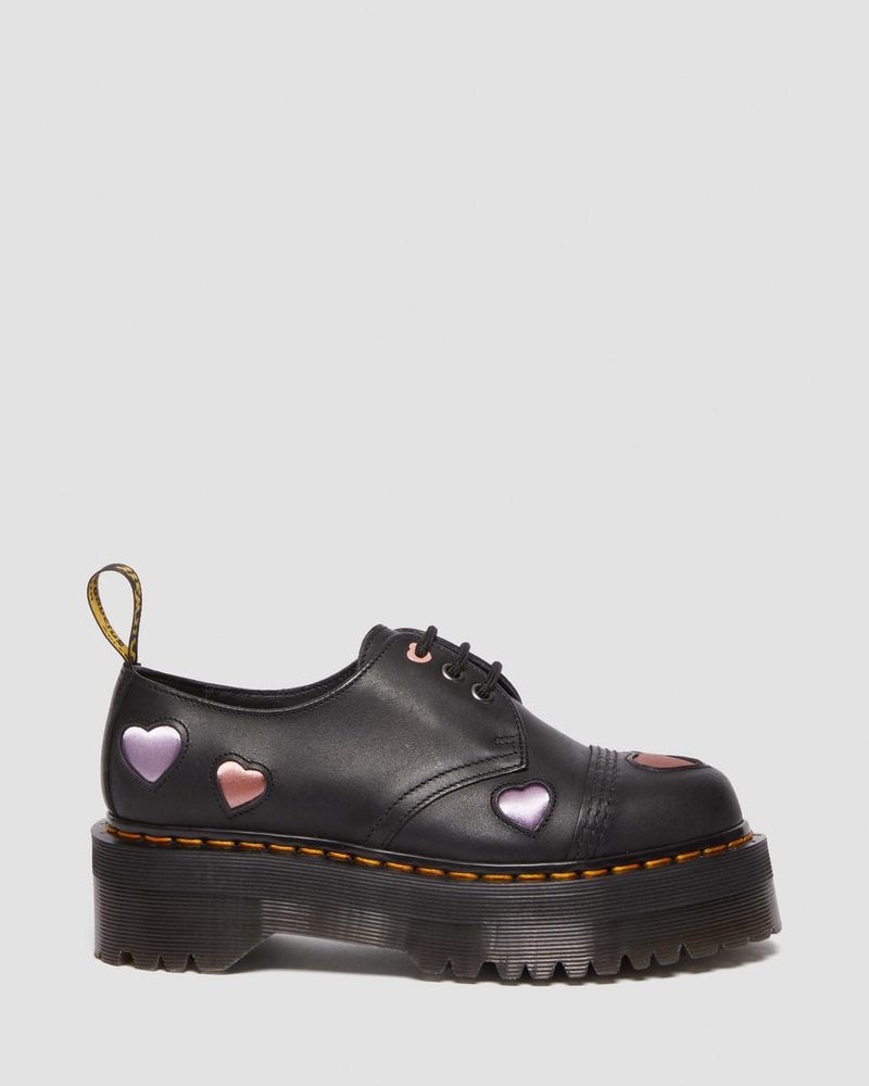 Dr Martin Martens 1461 Leather Heart Platform Shoes (Lapstone+Satin Lux) Platforms Black | EX47-I6ER