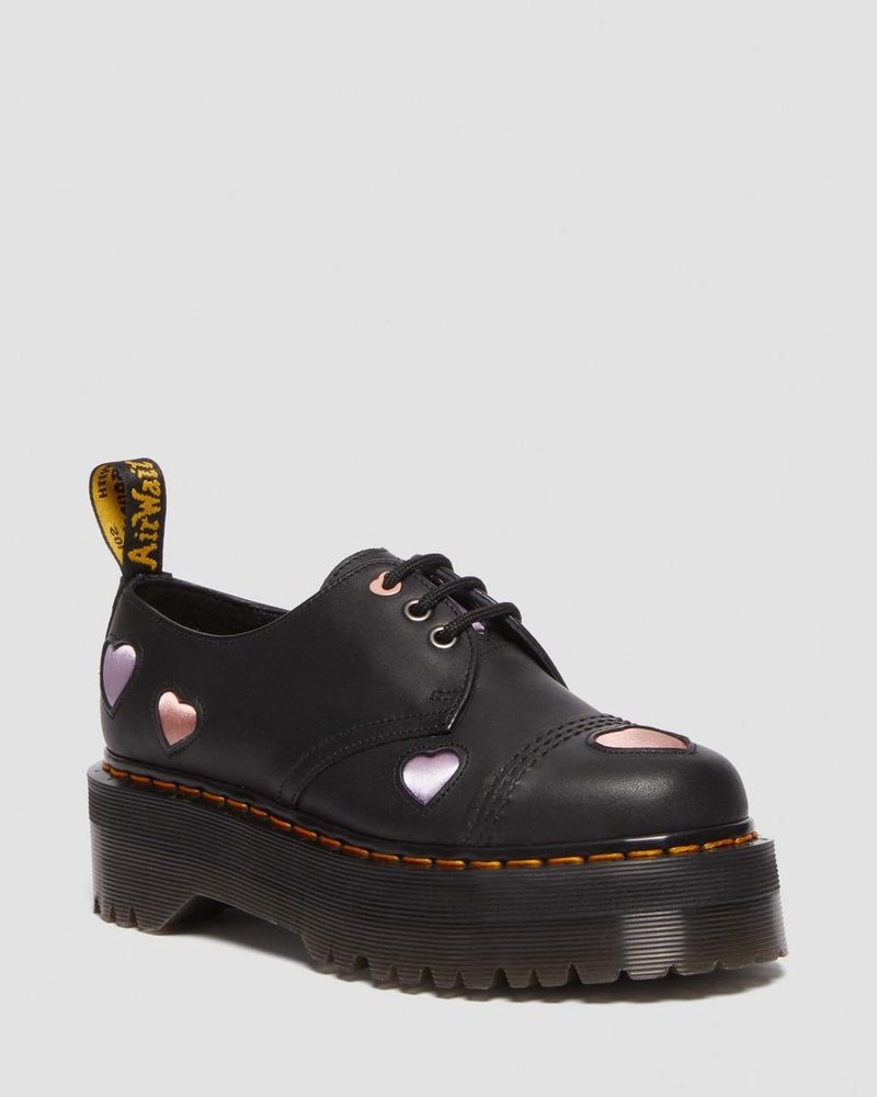 Dr Martin Martens 1461 Leather Heart Platform Shoes (Lapstone+Satin Lux) Platforms Black | EX47-I6ER