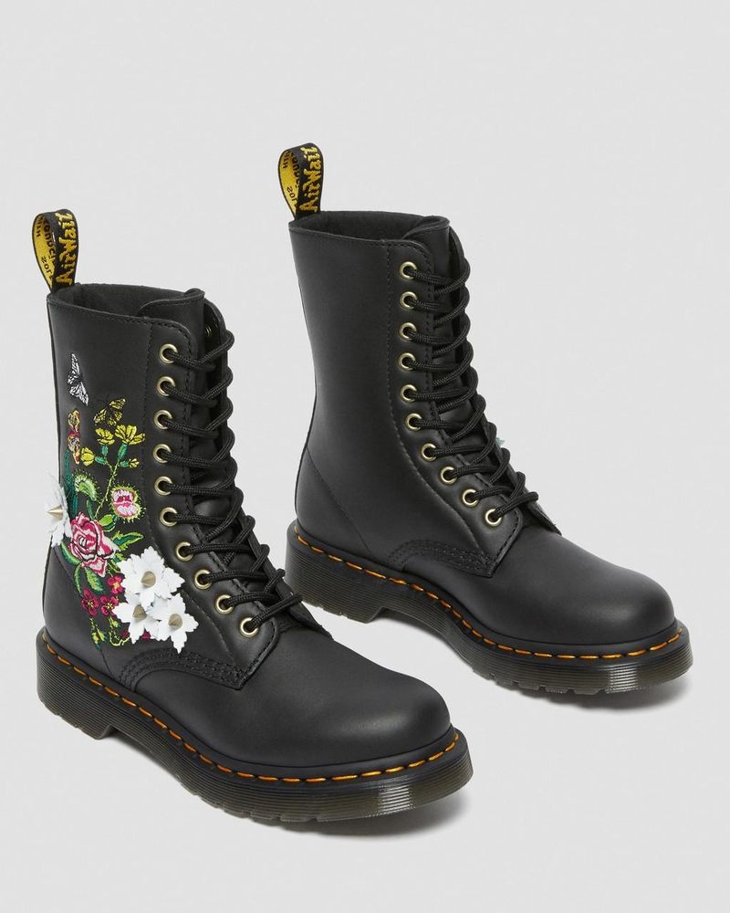 Dr Martin Martens 1490 Floral Bloom Leather Mid-Calf Boots (Nappa Leather) Boots Black | BR70-W8RW