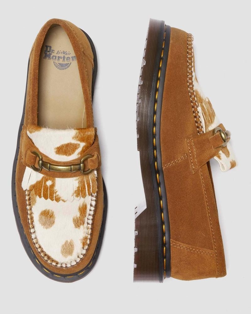 Dr Martin Martens Adrian Snaffle Hair-On Cow Print Kiltie Loafers (Repello Calf Suede + Hair On) Shoes Pecan Brown/JERSEY COW PRINT | CD27-S1MS