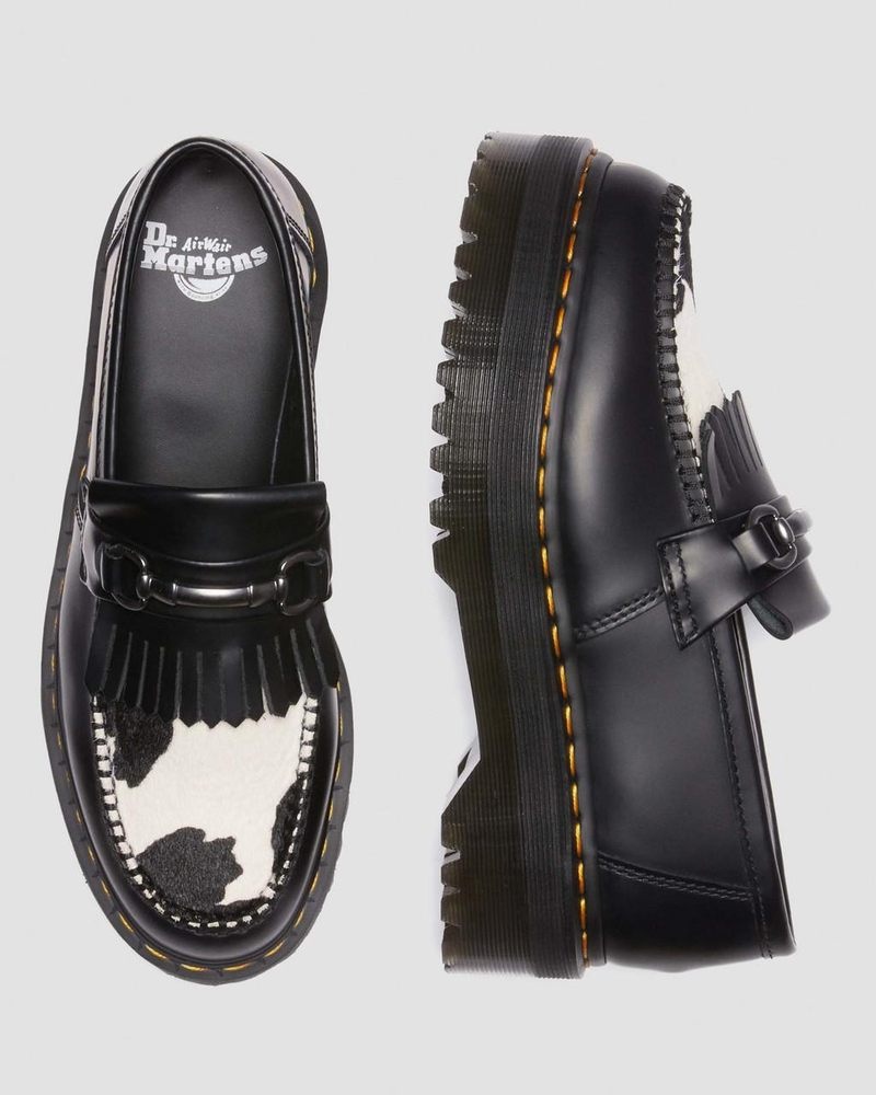 Dr Martin Martens Adrian Snaffle Hair On & Leather Cow Print Kiltie Loafers (Smooth+Hair On) Platforms BLACK/COW PRINT | OO79-C8OQ