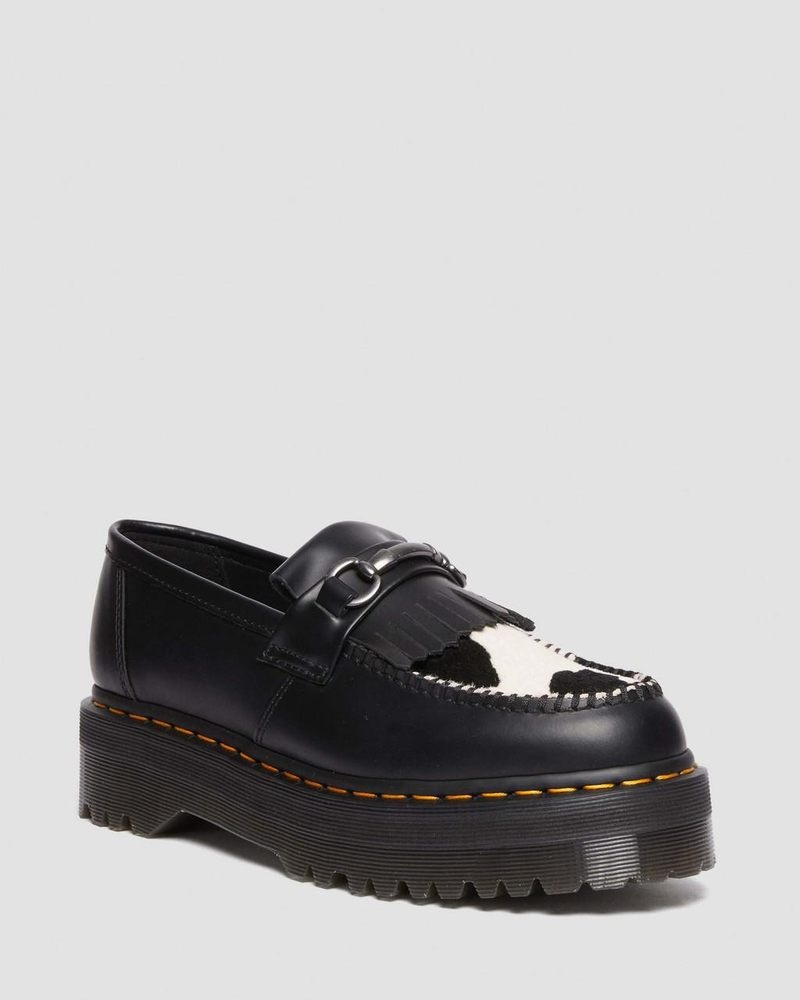 Dr Martin Martens Adrian Snaffle Hair On & Leather Cow Print Kiltie Loafers (Smooth+Hair On) Platforms BLACK/COW PRINT | OO79-C8OQ