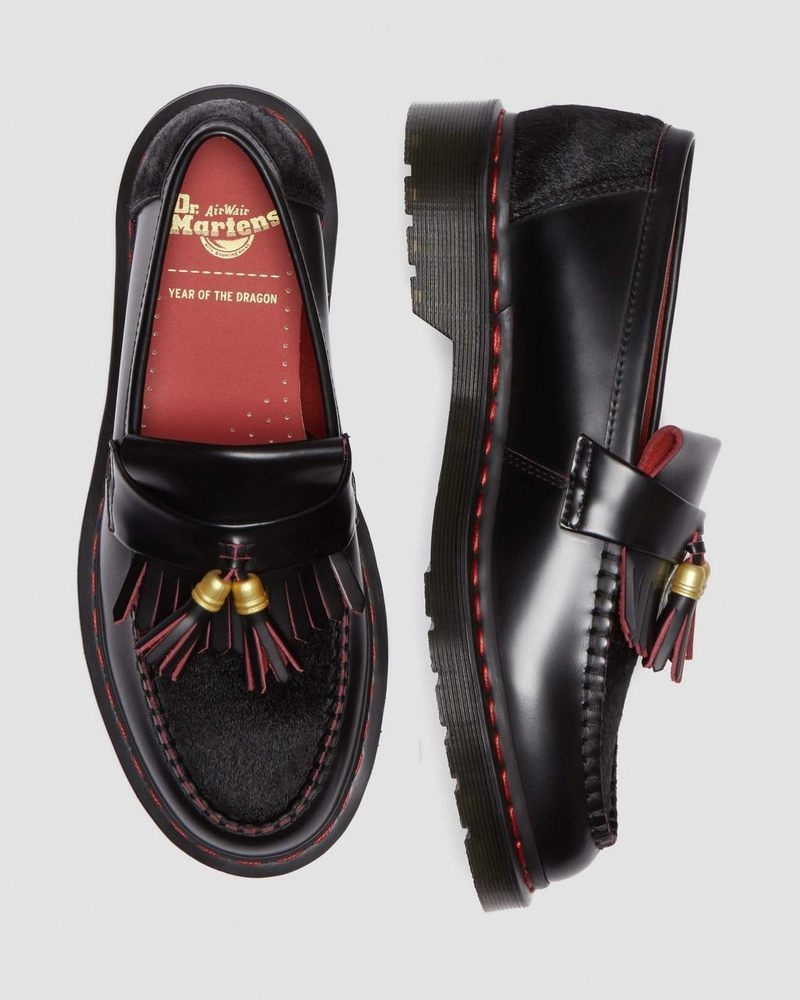 Dr Martin Martens Adrian Year of the Dragon Hair-On Tassel Loafers (Smooth Slice+Hair On) Shoes Black / Red / Black | WN95-X4PL