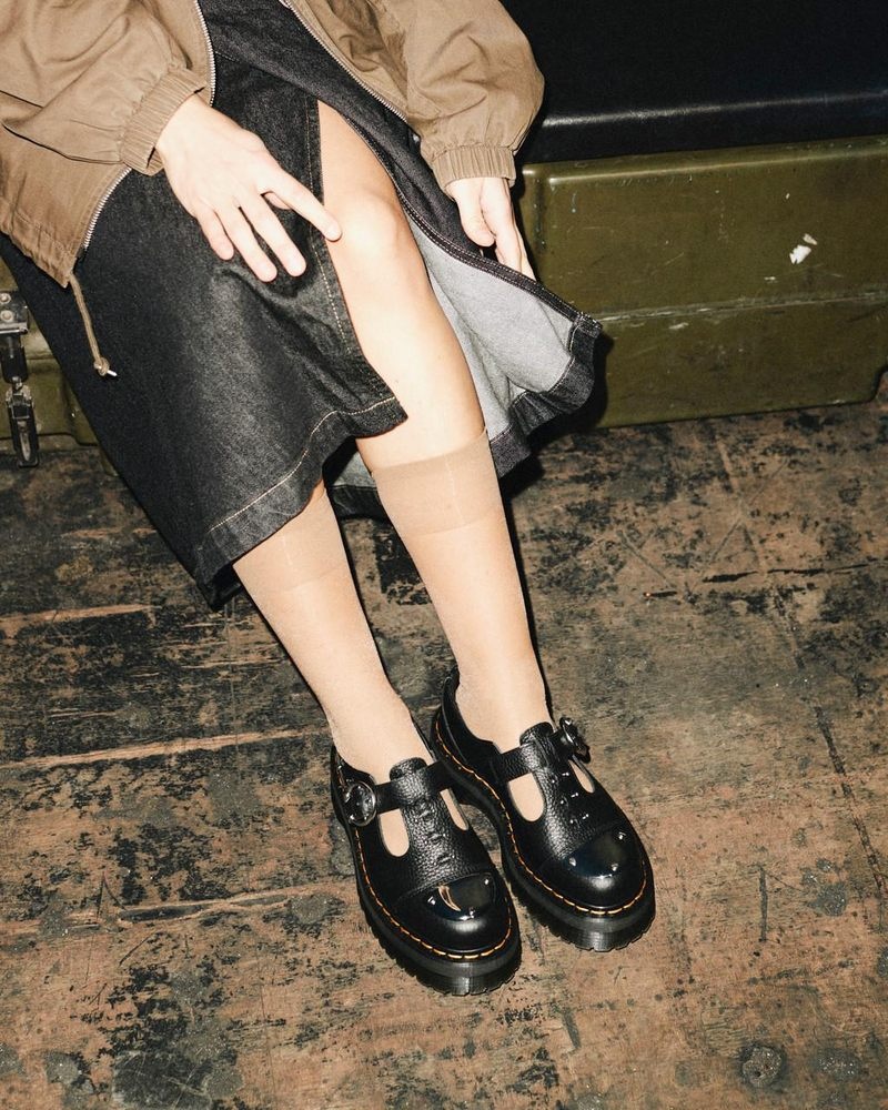 Dr Martin Martens Bethan Piercing Leather Platform Mary Jane Shoes (Milled Nappa) Platforms Shoes Black | IG24-W0LP