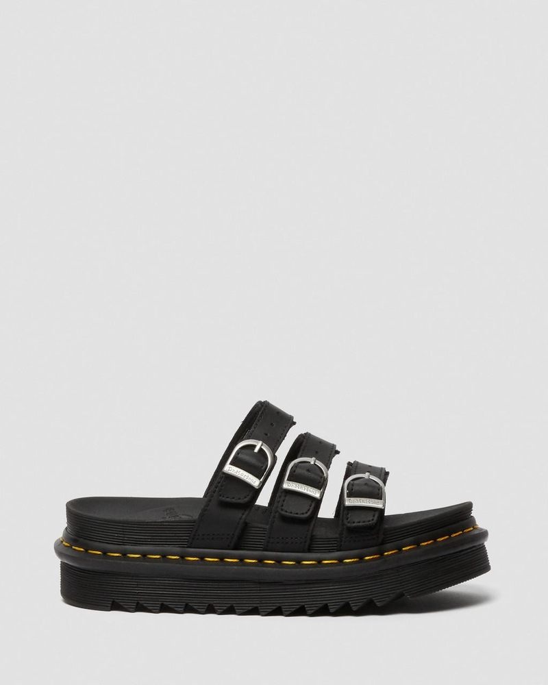 Dr Martin Martens Blaire Leather Slide Sandals (Hydro Leather) Platforms Sandals Black | UI34-N1HX