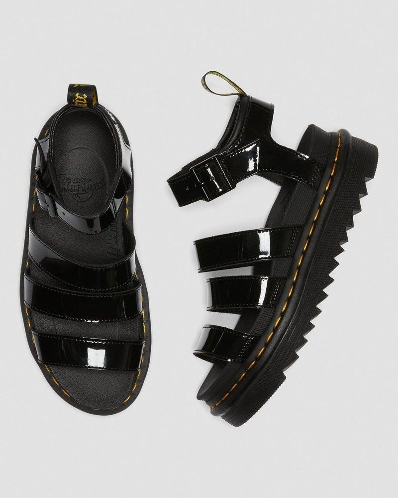 Dr Martin Martens Blaire Patent Leather Strap Sandals (Patent Leather) Platforms Sandals Black | NK17-P7JQ