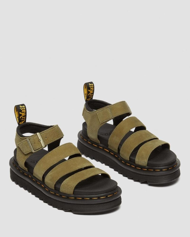 Dr Martin Martens Blaire Tumbled Nubuck Leather Sandals (Tumbled Nubuck) Sandals Muted Olive | AB50-X9TG