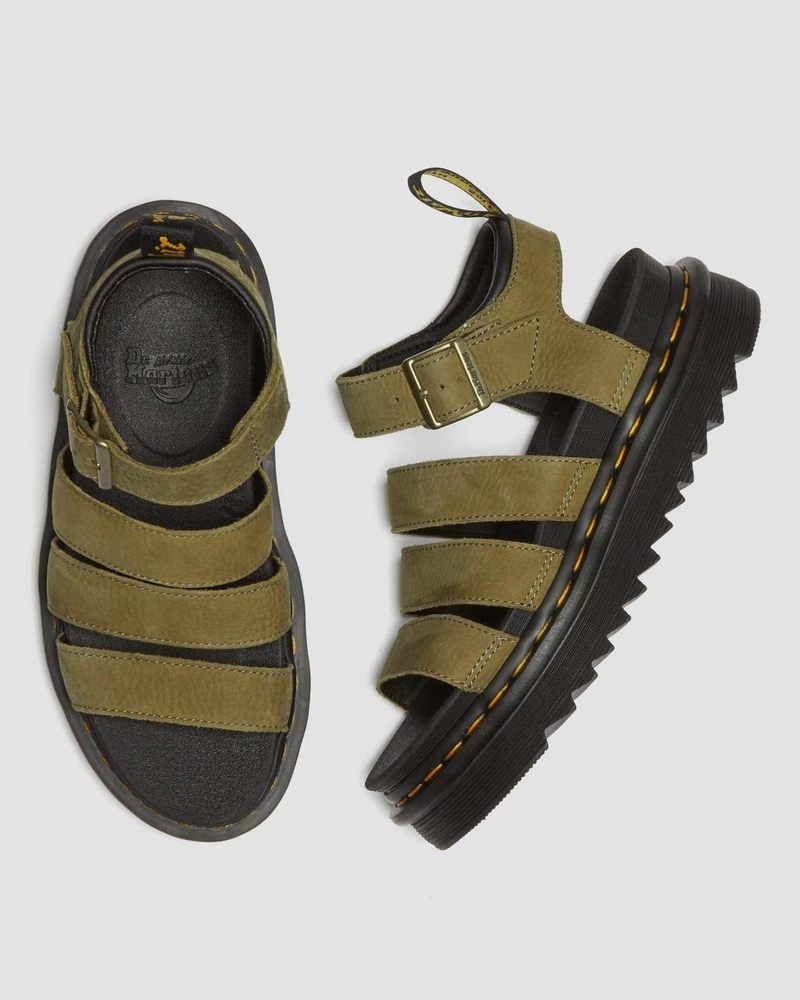 Dr Martin Martens Blaire Tumbled Nubuck Leather Sandals (Tumbled Nubuck) Sandals Muted Olive | AB50-X9TG