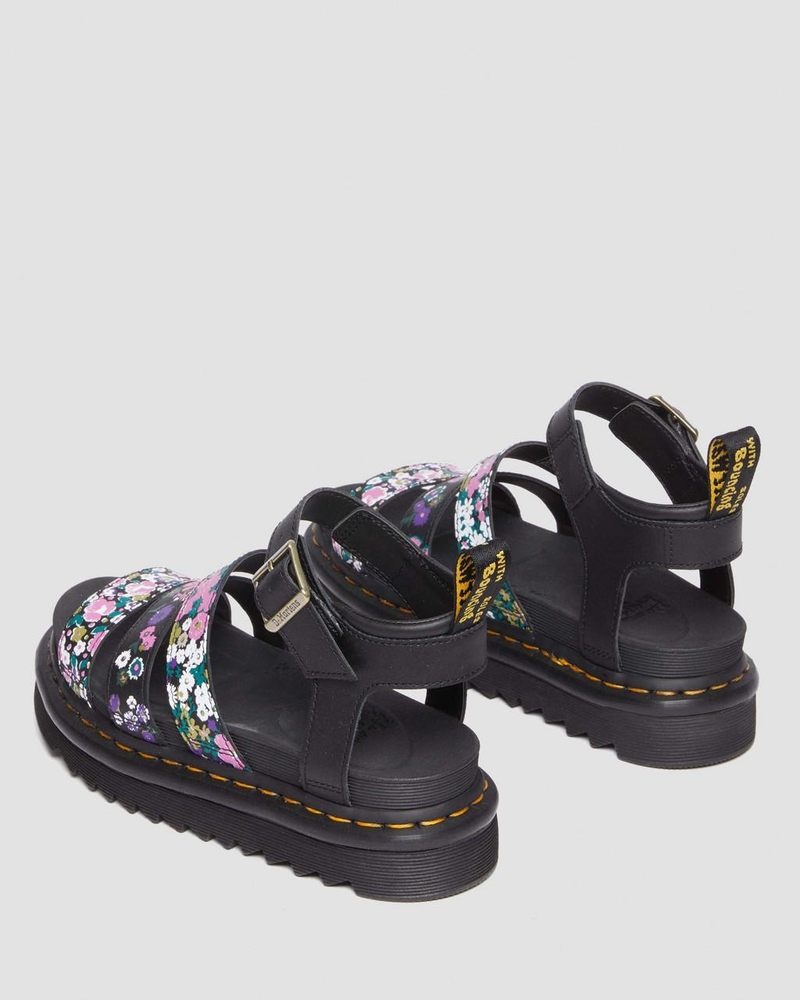 Dr Martin Martens Blaire Vintage Floral Leather Strap Sandals (Hydro Vintage Floral) Shoes BLACK / PINK FLORAL | OX13-E4HS