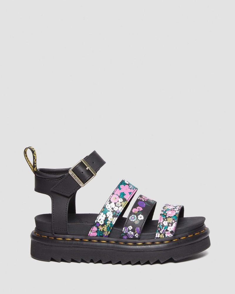 Dr Martin Martens Blaire Vintage Floral Leather Strap Sandals (Hydro Vintage Floral) Shoes BLACK / PINK FLORAL | OX13-E4HS