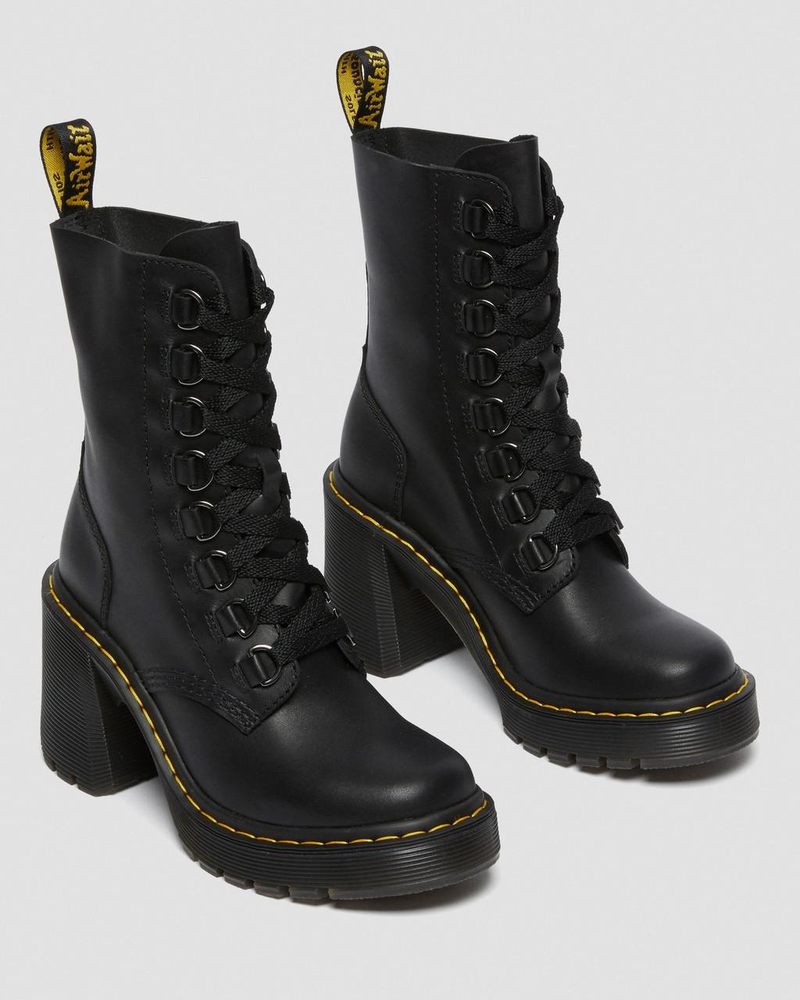 Dr Martin Martens Chesney Leather Flared Heel Lace Up Boots (Sendal) Boots Black | JQ40-J1WM