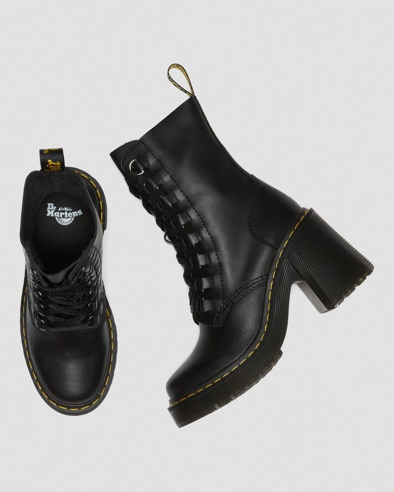 Dr Martin Martens Chesney Leather Flared Heel Lace Up Boots (Sendal) Boots Black | JQ40-J1WM