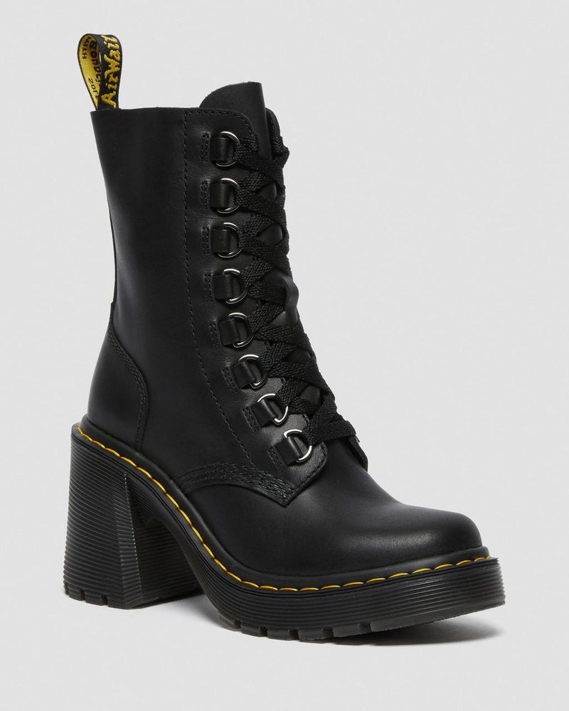 Dr Martin Martens Chesney Leather Flared Heel Lace Up Boots (Sendal) Boots Black | JQ40-J1WM