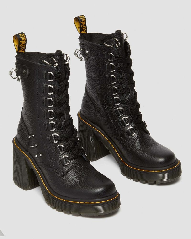 Dr Martin Martens Chesney Piercing Leather Flared Heel Lace Up Boots (Milled Nappa) Platforms Boots Black | XV85-Q1VE