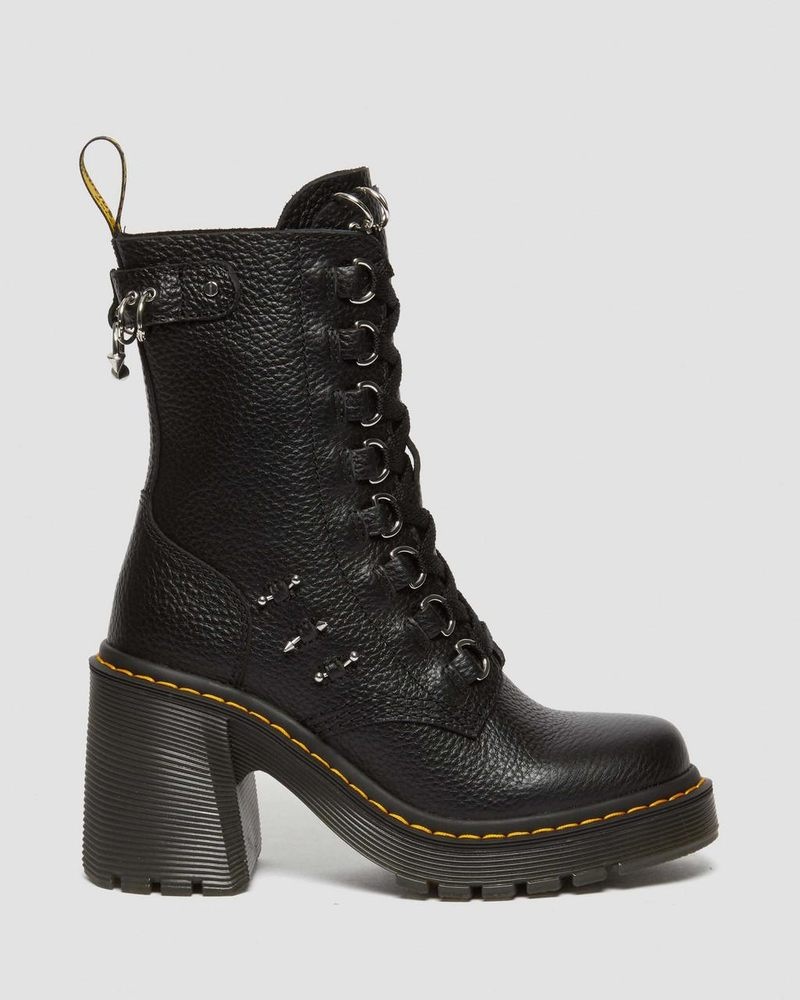 Dr Martin Martens Chesney Piercing Leather Flared Heel Lace Up Boots (Milled Nappa) Platforms Boots Black | XV85-Q1VE