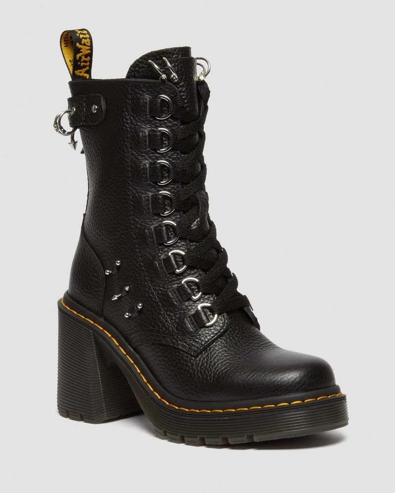 Dr Martin Martens Chesney Piercing Leather Flared Heel Lace Up Boots (Milled Nappa) Platforms Boots Black | XV85-Q1VE