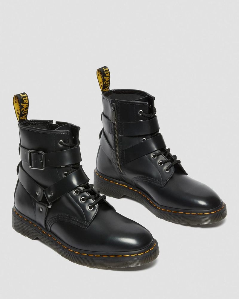 Dr Martin Martens Cristofor Leather Harness Lace Up Boots (Polished Smooth) Boots Black | WU68-Q0DE