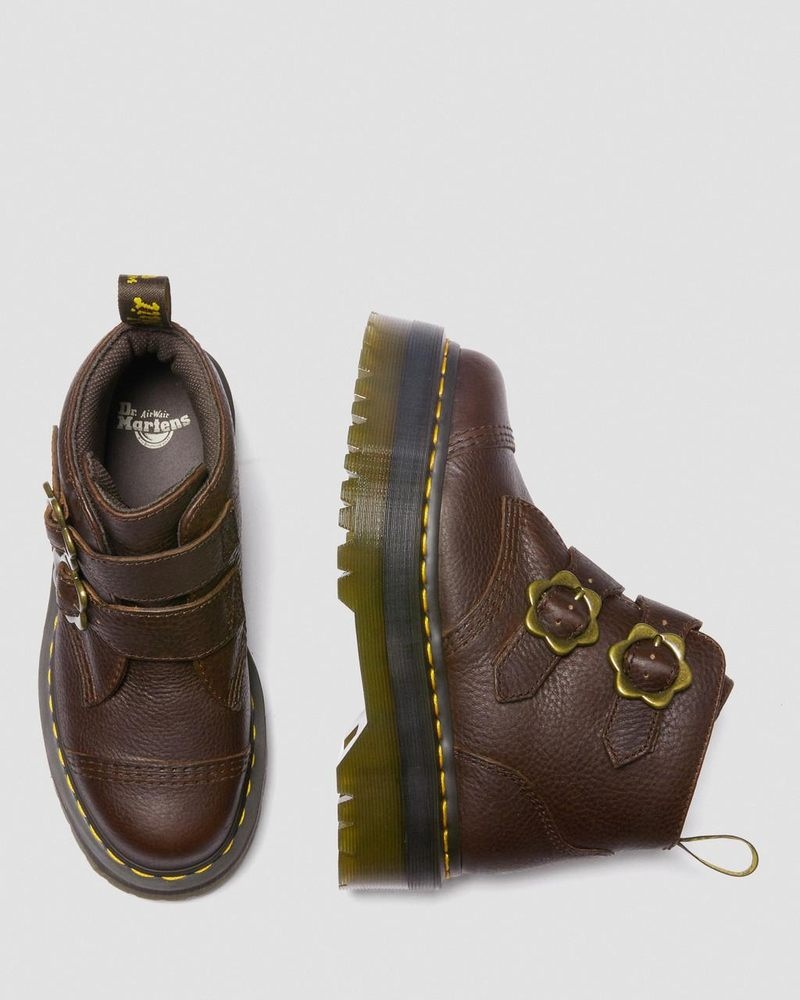 Dr Martin Martens Devon Flower Buckle Grizzly Leather Platform Boots (Grizzly) Platforms Boots Dark Brown | IQ28-E0QB