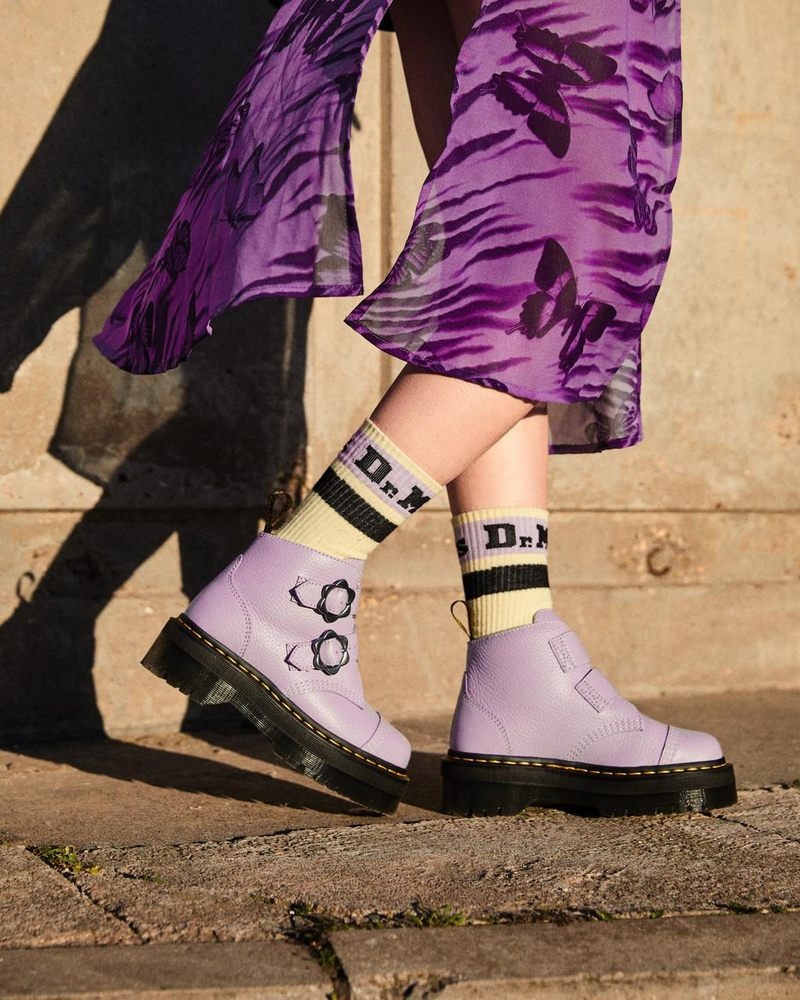 Dr Martin Martens Devon Flower Buckle Leather Platform Boots (Milled Nappa) Platforms Boots Lilac | CA80-C7PB