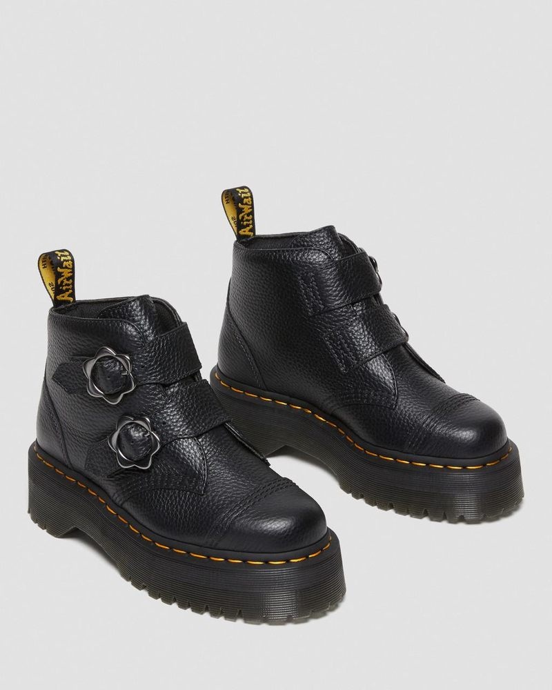 Dr Martin Martens Devon Flower Buckle Leather Platform Boots (Milled Nappa) Platforms Boots Black | KS27-G4RM